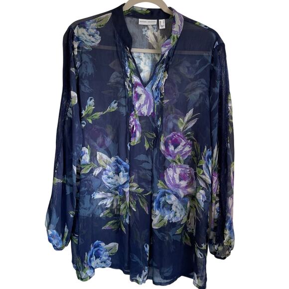 Susan Graver Tops - Susan Graver Sheer Floral Tunic Top Sz M Long Sleeves Pintucks Cottagecore